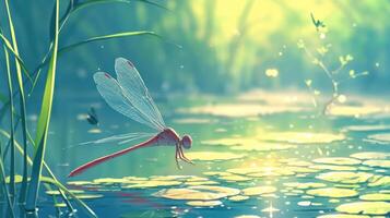 A vibrant dragonfly hovering over a serene pond surrounded by lush greenery and soft light photo