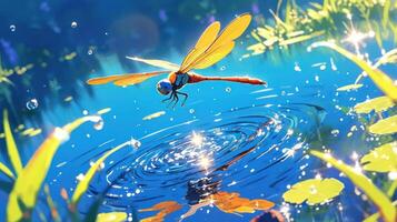 Vibrant dragonfly hovering over a shimmering pond surrounded by lush greenery and sparkling water photo