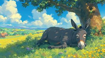 A serene landscape featuring a resting donkey under a tree in a vibrant meadow with flowers photo