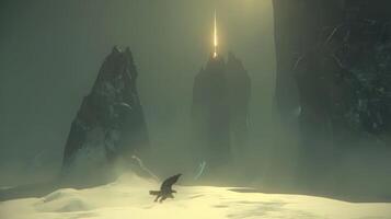 Majestic eagle soaring over a snow-covered landscape with towering mountains and a glowing spire photo