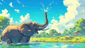 Joyful elephant splashing water in a vibrant landscape under a sunny sky with clouds photo