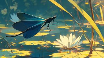 A dragonfly hovering above a serene pond with water lilies, surrounded by lush greenery photo