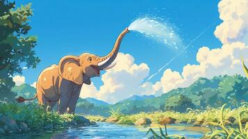 Playful elephant spraying water in a serene river landscape with lush greenery and mountains photo