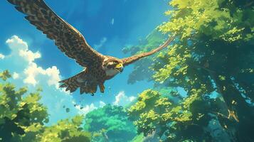 Majestic falcon soaring through lush green forest under a bright blue sky with fluffy clouds photo