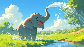 Happy elephant splashing water in a sunny landscape with lush greenery and mountains in the background photo
