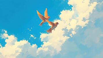 Two sparrows soaring through a bright blue sky with fluffy clouds, capturing a moment of freedom photo
