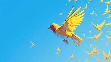Vibrant yellow bird soaring through a clear blue sky with a flock of smaller birds in the background photo
