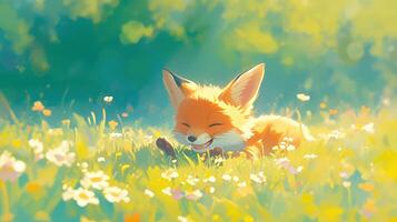 A cheerful fox lounging in a sunlit meadow filled with colorful flowers and greenery photo