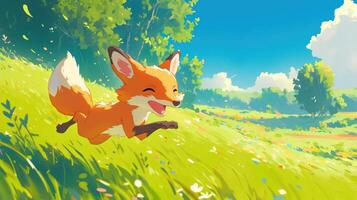 Playful fox joyfully leaps through a vibrant meadow under a bright blue sky photo