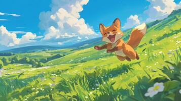 Cheerful fox leaping through vibrant green meadow under bright blue sky with fluffy clouds photo