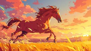 A majestic horse galloping through a golden field at sunset, with vibrant clouds in the background photo