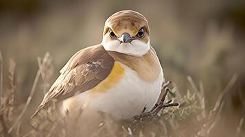 Close-up of a bird perched on the ground, surrounded by soft grass, with a blurred natural background photo