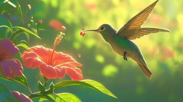 A hummingbird hovering near a vibrant hibiscus flower in a lush garden setting photo