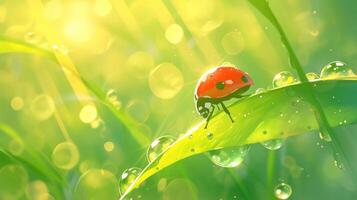 A vibrant ladybug perched on a dewy green leaf, illuminated by soft sunlight in a serene garden photo