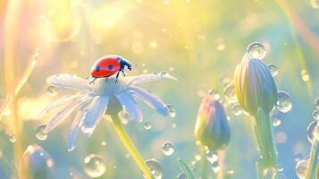 A vibrant ladybug perched on a daisy surrounded by dew in a sunlit meadow photo