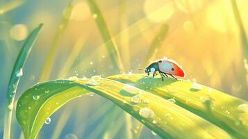 A vibrant ladybug perched on a dew-kissed leaf, surrounded by soft sunlight and greenery photo