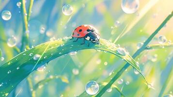 A vibrant ladybug perched on a dewy green leaf amidst a sunny, colorful background photo