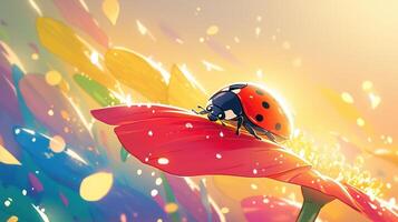 A vibrant ladybug perched on a bright flower petal amidst a colorful, dreamy background photo