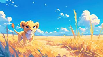 Young lion cub exploring a sunlit savanna, with vibrant skies and distant clouds, evoking adventure photo