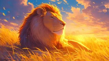 Majestic lion basking in golden sunset on a serene savannah, with vibrant clouds in the background photo