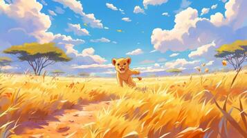 Playful lion cub running through golden grassland under a bright blue sky with clouds photo