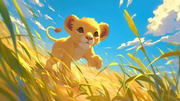 Playful young lion cub running through golden grass under a bright blue sky with clouds photo