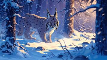 Majestic lynx prowling through a snowy forest, illuminated by soft sunlight filtering through trees photo