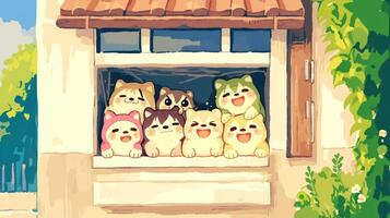A cheerful group of cartoon dogs peeking out of a sunny window with greenery in the background photo
