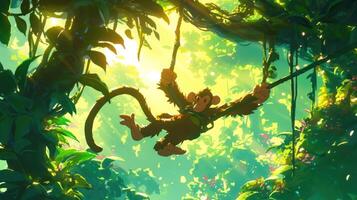 Playful monkey swinging through vibrant jungle foliage with sunlight filtering through trees photo