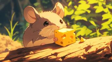 Cute animated mouse enjoying a piece of cheese on a log in a sunlit forest setting photo
