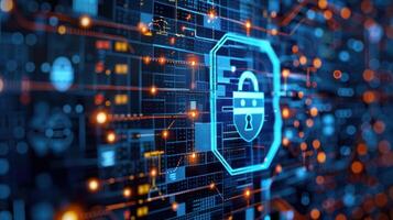 Digital security concept with glowing lock symbol on a network background filled with data streams photo