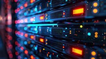 Close-up view of illuminated server racks in a data center showcasing technology and connectivity photo