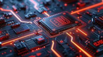 Close-up view of a futuristic circuit board with glowing red lines and microchips, showcasing technology photo