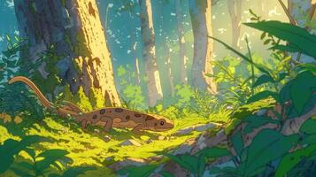 A vibrant forest scene featuring a spotted salamander moving through lush greenery, sunlight filtering through trees photo