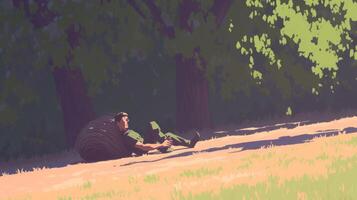 A man resting on a grassy field under trees, enjoying nature and tranquility in a serene setting photo