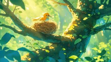 A vibrant forest scene featuring a yellow bird perched on a nest in a sunlit tree, surrounded by lush greenery photo