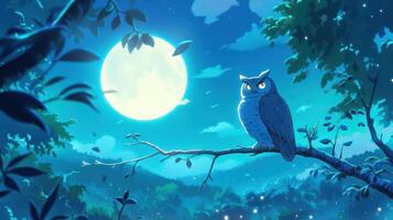 A serene night scene featuring a wise owl perched on a branch under a glowing moonlight photo