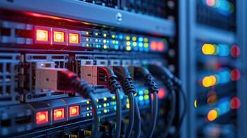 Close-up view of illuminated server racks in a data center showcasing network cables and lights photo