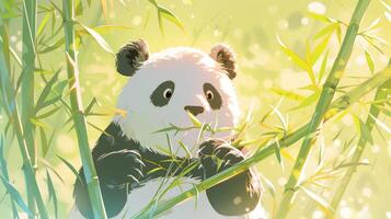 Cute panda munching on bamboo in a serene, sunlit forest with soft bokeh background photo