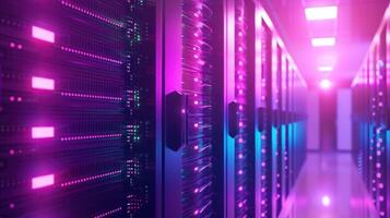 Vibrant data center corridor illuminated with colorful lights showcasing server racks in action photo