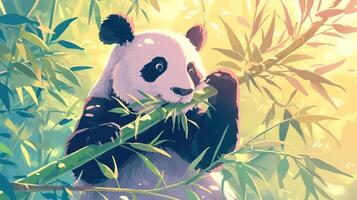Playful panda enjoying bamboo in a lush green forest with soft sunlight filtering through trees photo