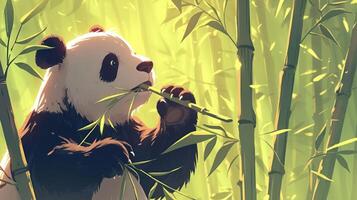 A panda leisurely munching on bamboo in a lush green forest with soft sunlight filtering through photo
