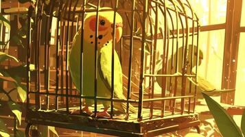 Colorful parakeet in a cage surrounded by lush greenery and soft sunlight filtering through photo