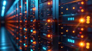 Close-up view of illuminated server racks in a data center, showcasing technology and efficiency photo