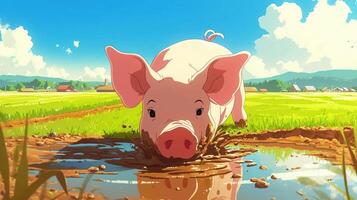 Playful piglet splashing in muddy puddle on sunny farm with vibrant green fields and distant hills photo