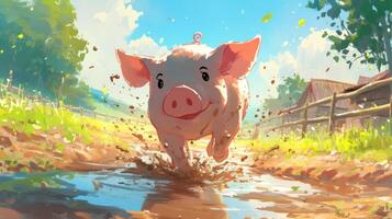 Playful pig splashing through muddy puddle in sunny farm landscape with distant barns photo
