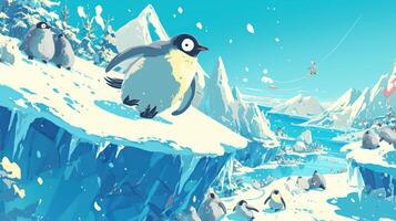 Playful penguins sliding on icy terrain with snowy mountains and a distant skier in the background photo