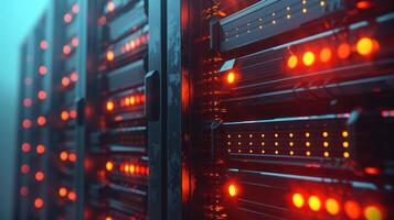 Close-up view of illuminated server racks in a data center, showcasing technology in action photo
