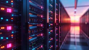 High-tech server room with illuminated racks, showcasing data storage and processing technology photo