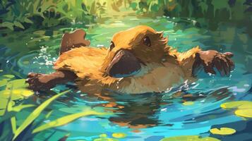 A playful platypus swims in a vibrant pond surrounded by lush greenery and water lilies photo